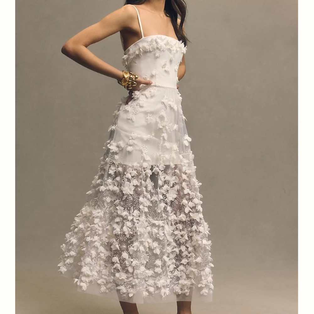 Anthropologie Helsi Audrey Square-Neck Floral Appliqué Sheer Midi Dress